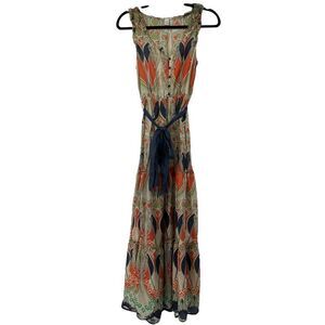 Trinity Blue Orange Boho Silk Sheer Dress with Belt